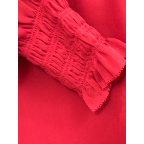 Ann Taylor red smocked yoke blouse, NWT, medium, office, career, sheer, bright - Picture 5 of 8